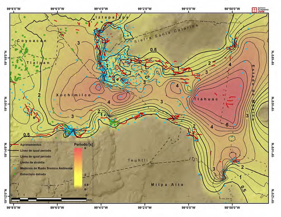 Mapa de periodo dominante del suelo (Ts) para la subcuenca de Xochimilco-Chalco. Los agrietamientos que aparecieron después del sismo del 19 de septiembre de 2017 se muestran en color rojo, mientras que en color verde se aprecian las estructuras dañadas.