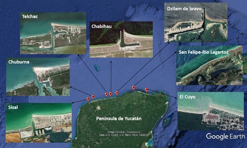 Figura 1. Área de estudio. Puertos de la costa norte de Yucatán estudiados en este trabajo. Imágenes de Google Earth