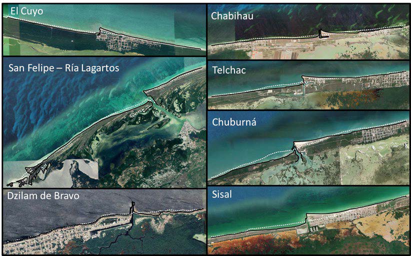 Figura 3. Cambios en la línea de costa en varios puertos en el norte del Yucatán, obtenidos con CoastSat.