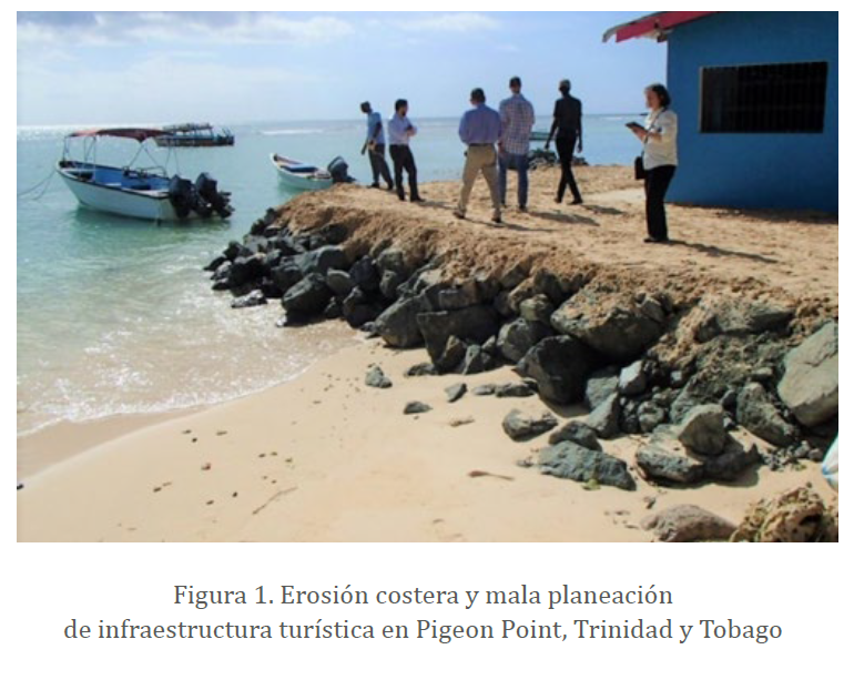 Figura 1. Erosión costera y mala planeación de infraestructura turística en Pigeon Point, Trinidad y Tobago