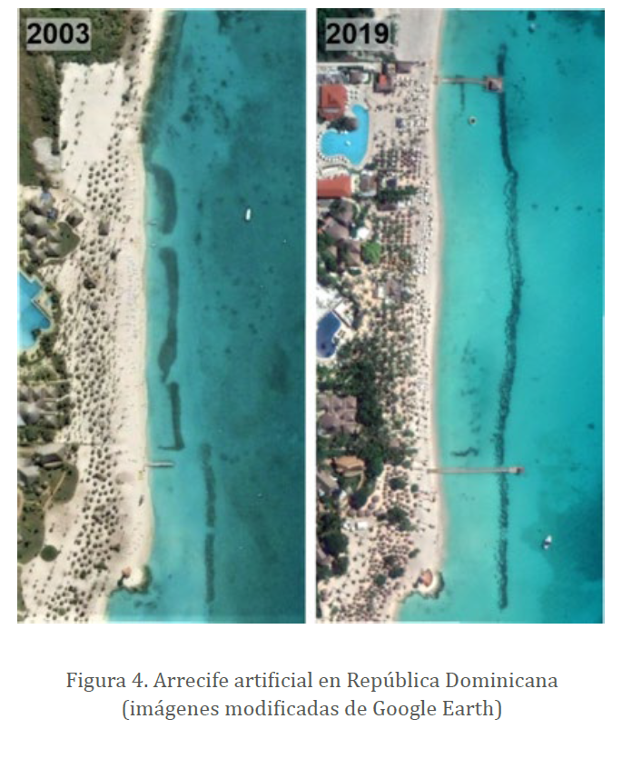 Figura 4. Arrecife artificial en República Dominicana (imágenes modificadas de Google Earth)