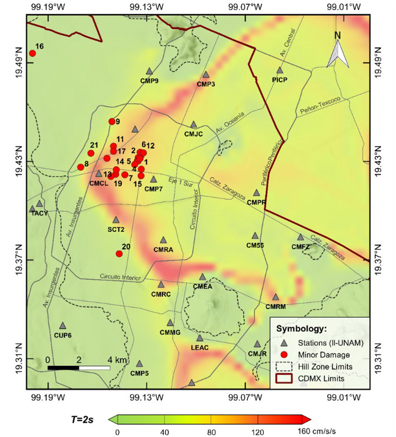 Spatial distribution of the light and moderate damage reported in Mexico City