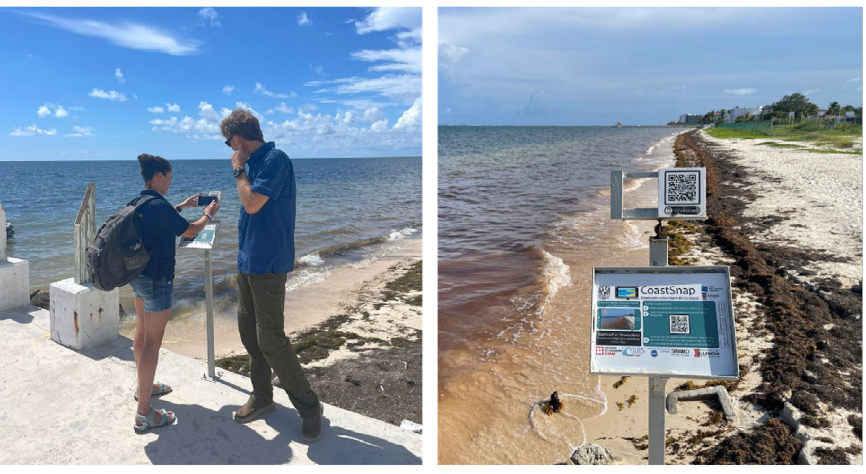 Estación de CoastSnap de Ciencia Ciudadana en el muelle de la UNAM