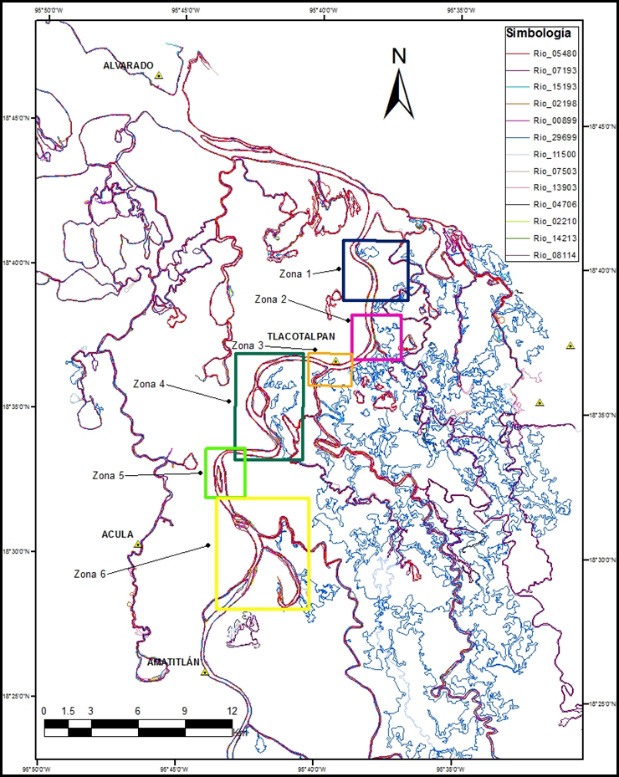 Figura 2. Trazos del Río Papaloapan de 1980 a 2014