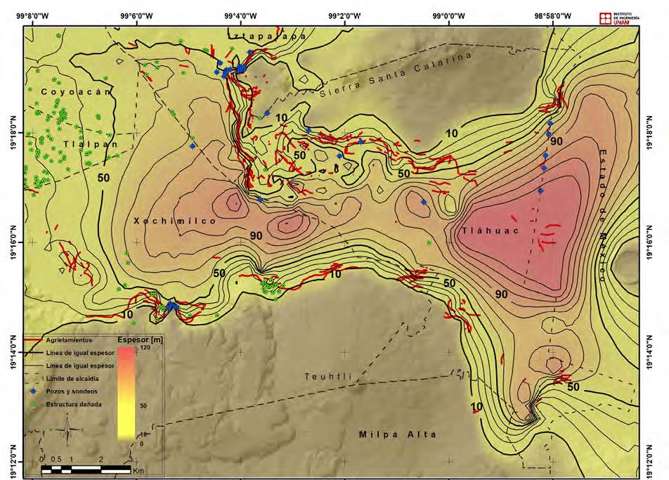 Figura 3. Mapa de isoprofundidad a la cima de los derrames basálticos o al contacto entre la arcilla inferior y los depósitos profundos (Hs). Las cruces azules muestran los puntos donde se conoce el espesor de la capa de arcilla.