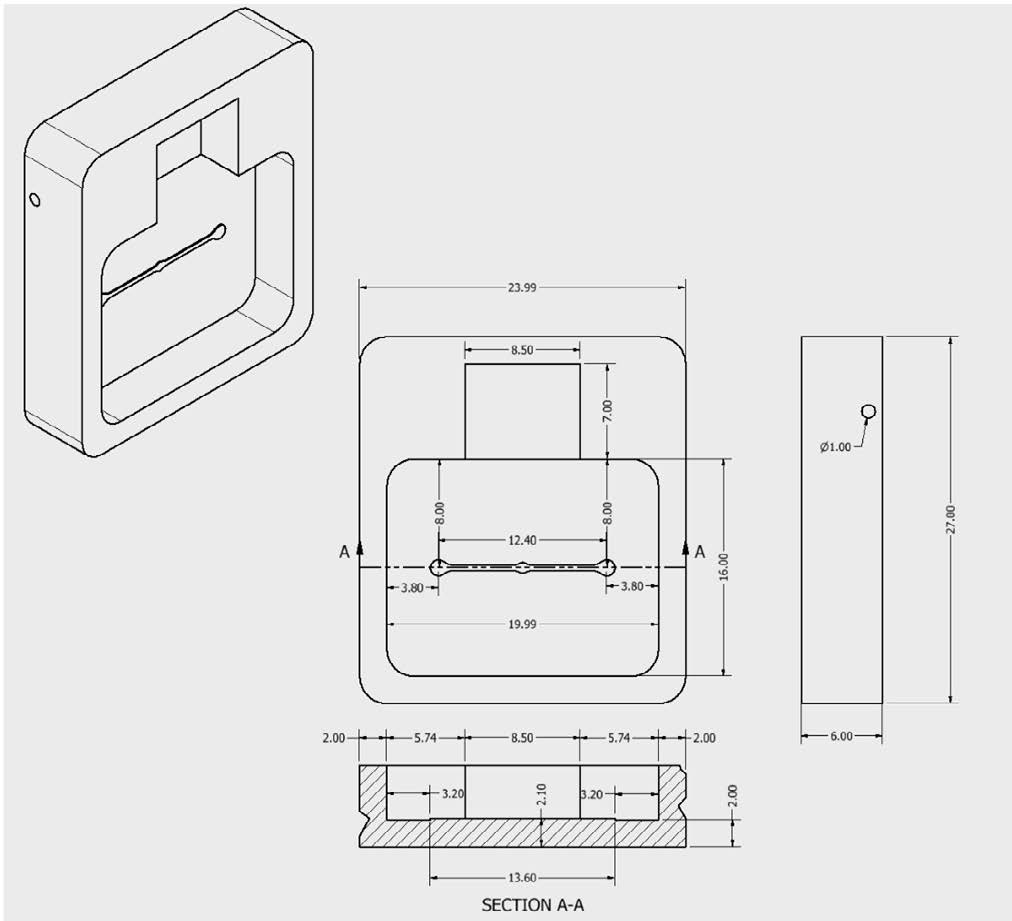 Fig. 1. Plano esquemático (izquierda) y reproducción digital de un dispositivo BioMEMS que incorpora microfluídica (derecha) . Módulo empleado en un dispositivo para la micromanipulación de biopartículas. Dimensiones en mm.