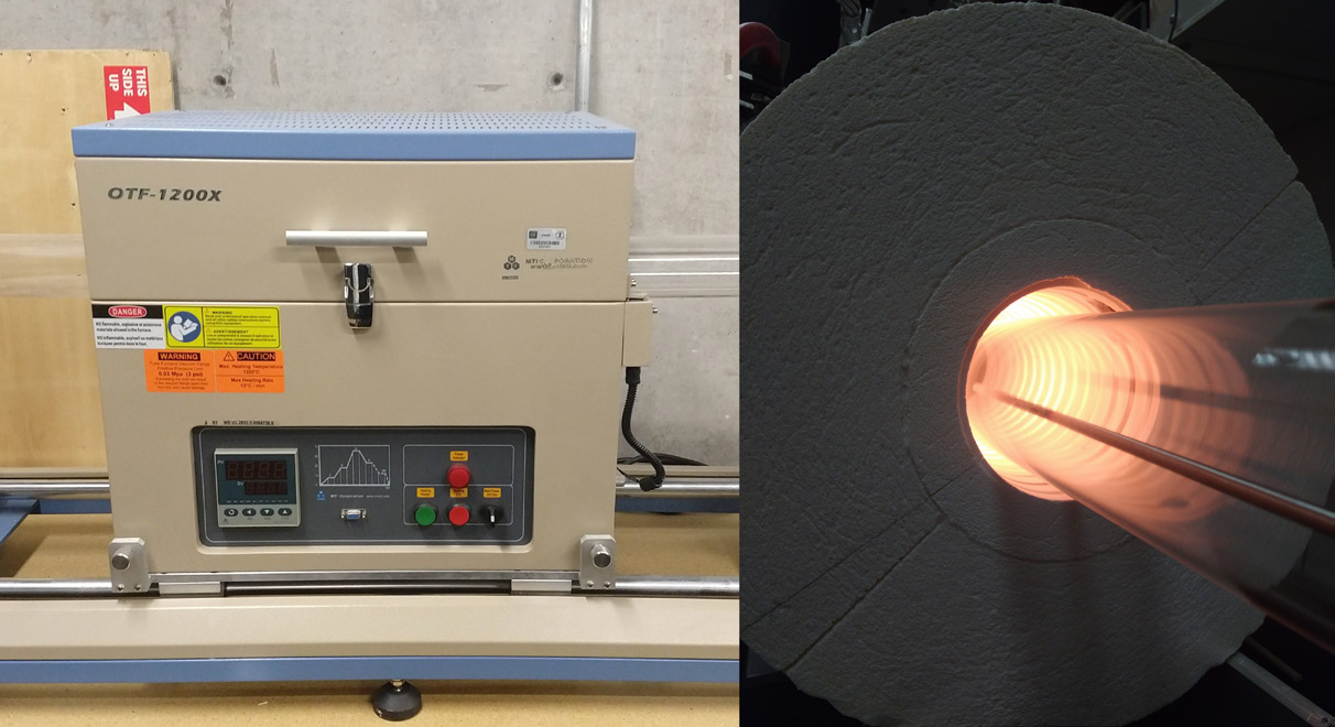 Fig. 3. Horno tubular para proceso de materiales, utilizado en la fabricación de C-MEMS para pirólizar precursores de carbono (Izquierda y centro). Un arreglo de microelectrodos de carbono fabricados con este proceso (Derecha).