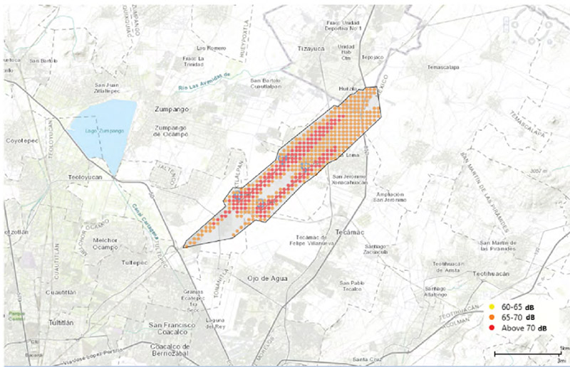 Polígono de afectación de zonas  con efectos audibles superiores a los 65 dBA