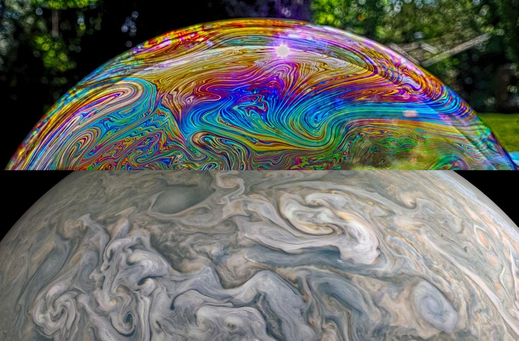 Figura 1. Arriba una burbuja de jabón. La iridiscencia es resultado de la delgadísima piel de la burbuja (del orden de unas cuantas moléculas), que permite visualizar los remolinos, que recuerdan una atmósfera planetaria, como la que se muestra abajo (Fuente: Pexels.com, royalty free images)