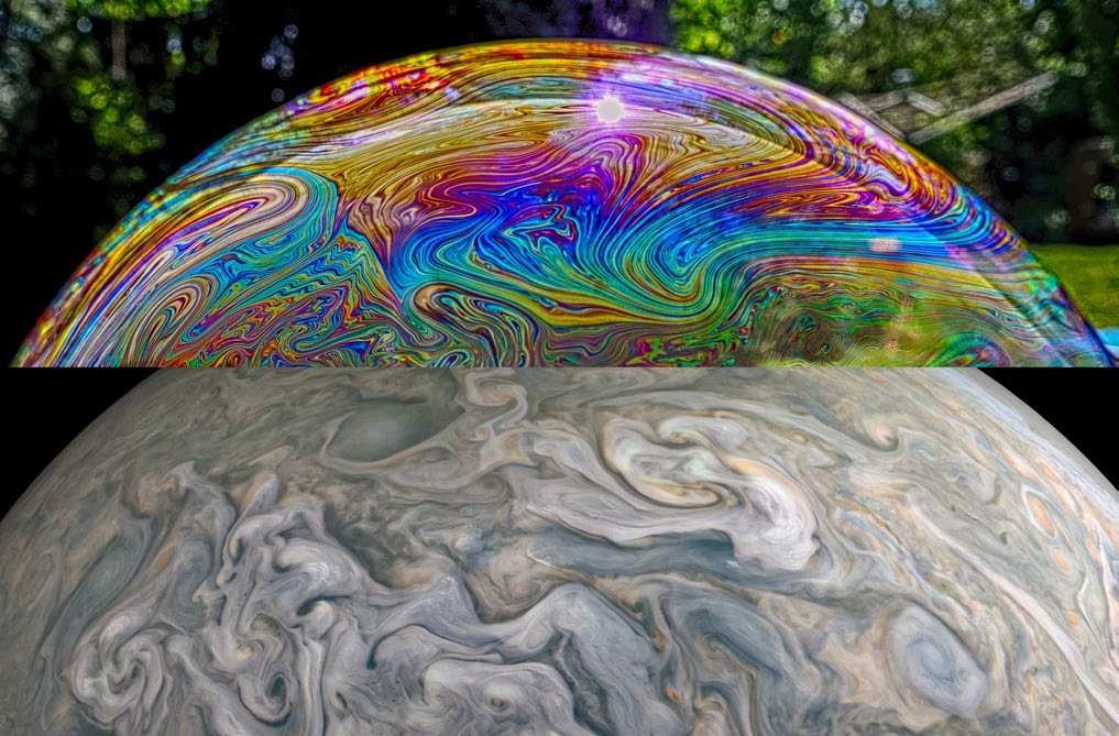 Figura 1. Arriba una burbuja de jabón. La iridiscencia es resultado de la delgadísima piel de la burbuja (del orden de unas cuantas moléculas), que permite visualizar los remolinos, que recuerdan una atmósfera planetaria, como la que se muestra abajo (Fuente: Pexels.com, royalty free images)