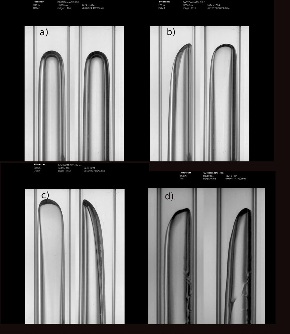 Figura 2. Burbujas de Taylor a distintas velocidades de líquido a contraflujo; a) líquido inmóvil U*=0, b) U*=0.280, flujo laminar, se pierde simetría, c) U*=0.452, flujo laminar. La superficie libre se torna convexa, y d) U*=0.5, flujo turbulento, se aprecian ondas que son barridas por el flujo hacia abajo. Todas las imágenes muestran dos vistas de las burbujas, una frontal y una lateral