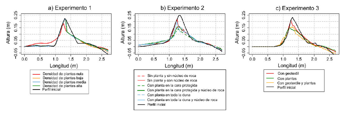 Figura 4. Ejemplo de la respuesta geomorfológica de las dunas en los tres experimentos