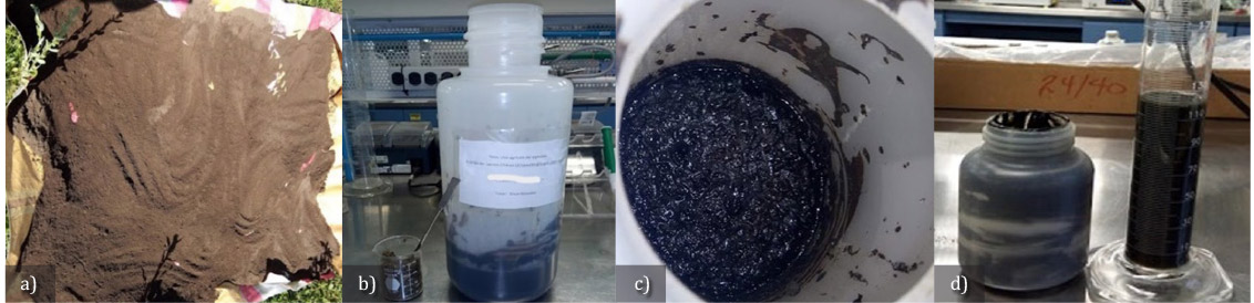 Figura 4. Experimento biofertilizante: a) suelo, b) reactor digerido C) sólido, y d) líquido