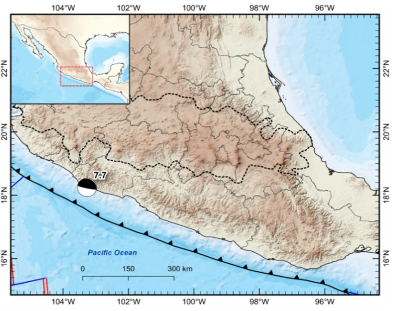 Epicenter and focal mechanism reported by National Seismological Service.